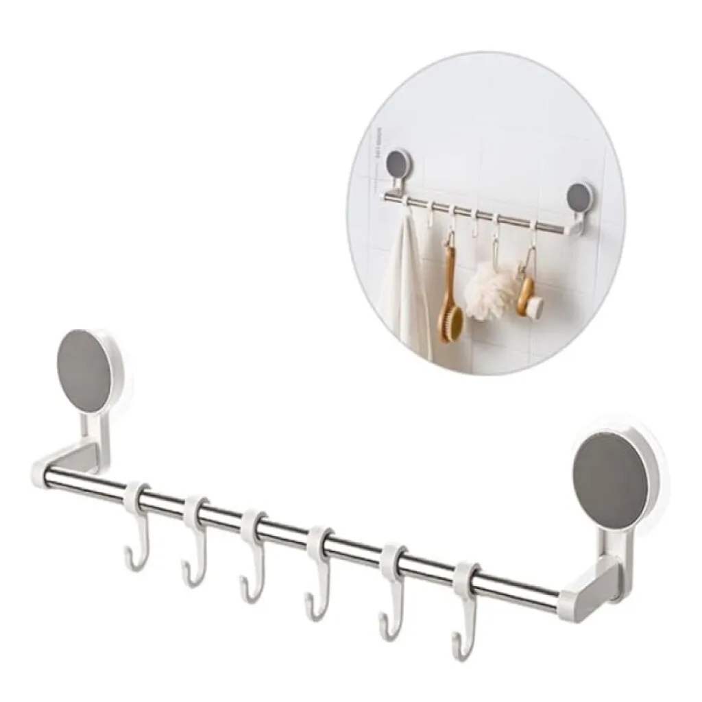 2x1 Soporte Blanco c/6 perchitas c/sopapa p/baño 49x8x10cm